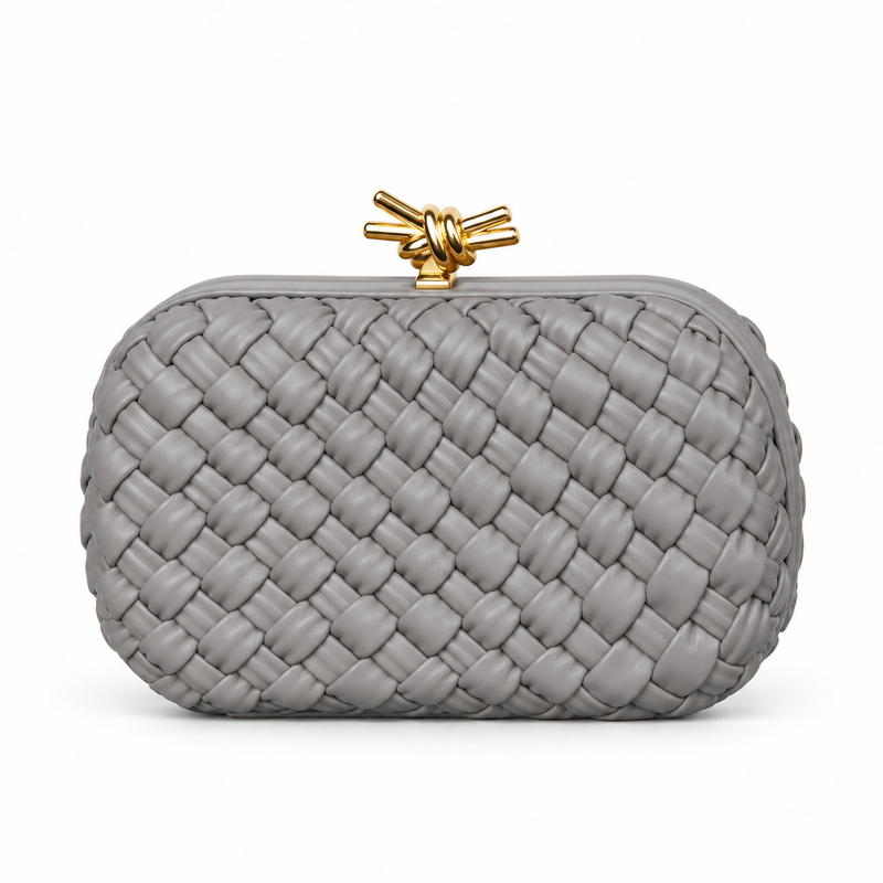 Grey Woven Clutch With Golden Knot-4