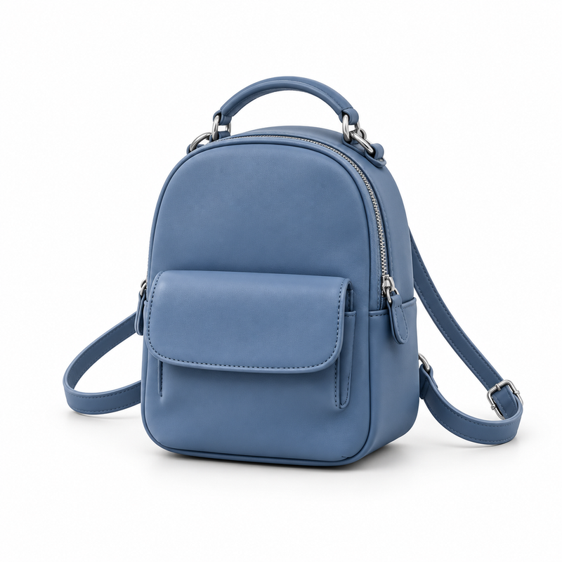 Denim Blue Vegan Leather Mini Backpack-2