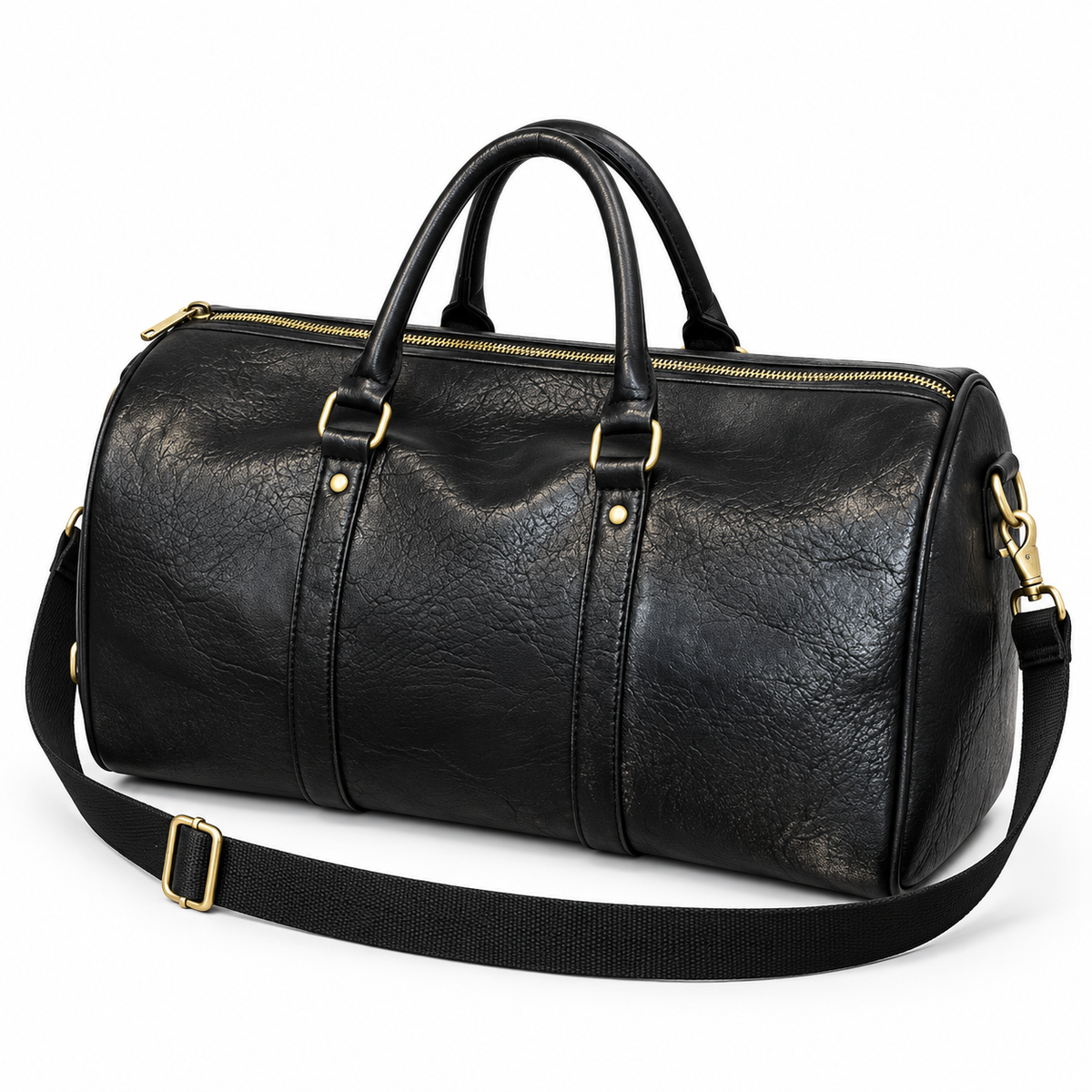 Classic Black Leather Travel Duffel Bag-3