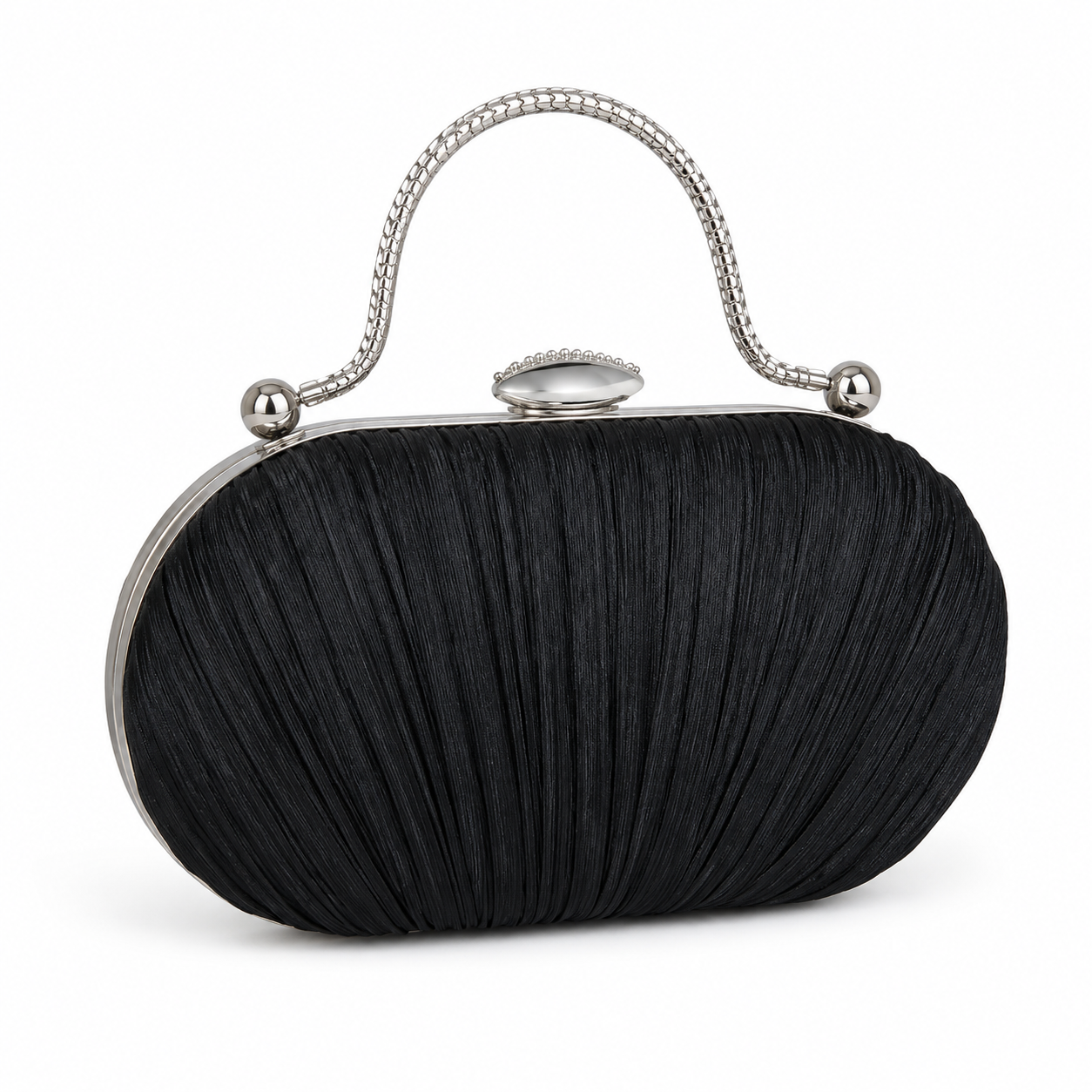Black Pleated Evening Clutch Bag with Silver Handle-1
