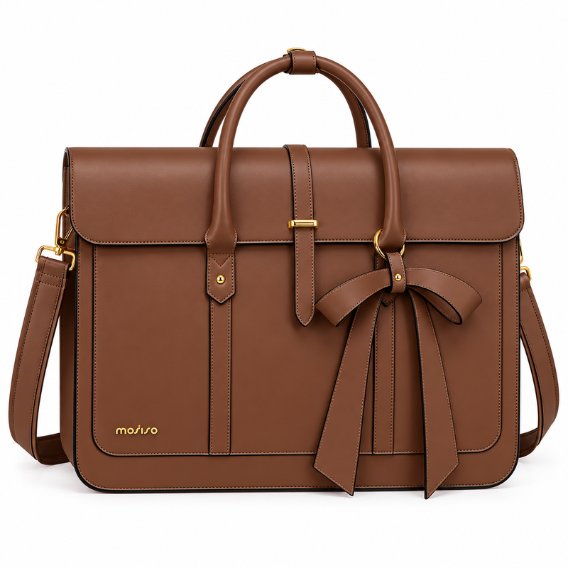 Brown Leather Laptop Bag With Bow-4