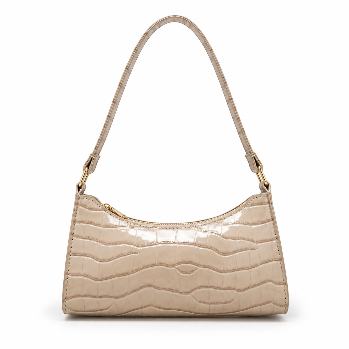 Glossy Croc Embossed Beige Shoulder Bag-2