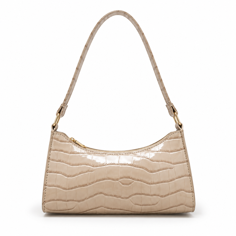Glossy Croc Embossed Beige Shoulder Bag-2