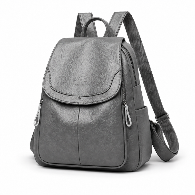 Grey Textured Flap Backpack With Pockets-3