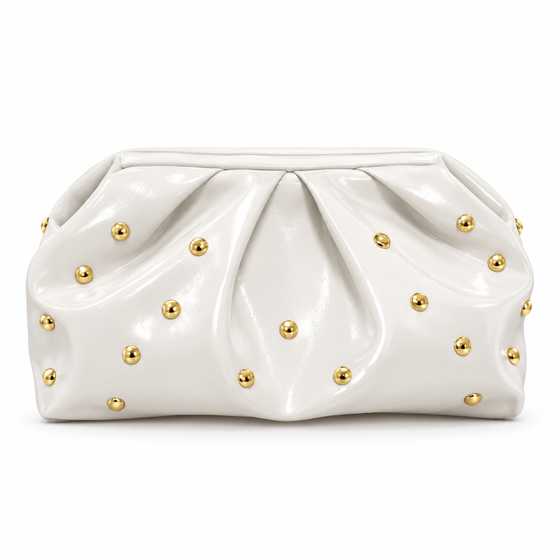White Leather Clutch With Golden Studs-2