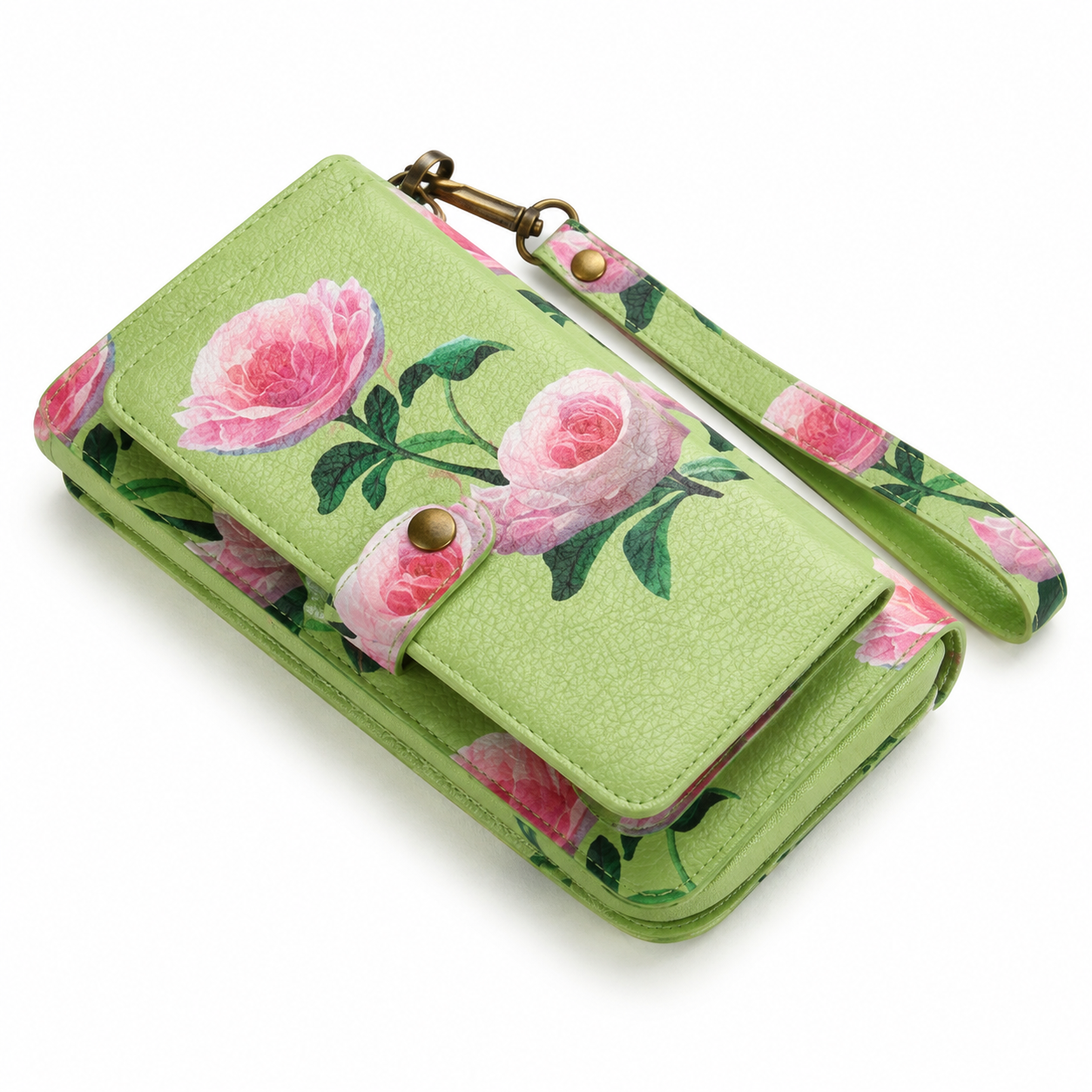 Green Floral Rose Print Women’s Wristlet Wallet & Phone Clutch-1