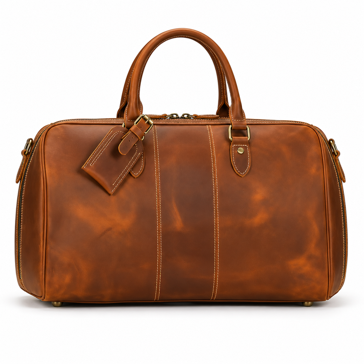 Classic Cognac Leather Travel Duffel Bag-4