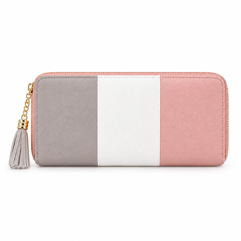 Pink Grey Color Block Tassel Wallet-2