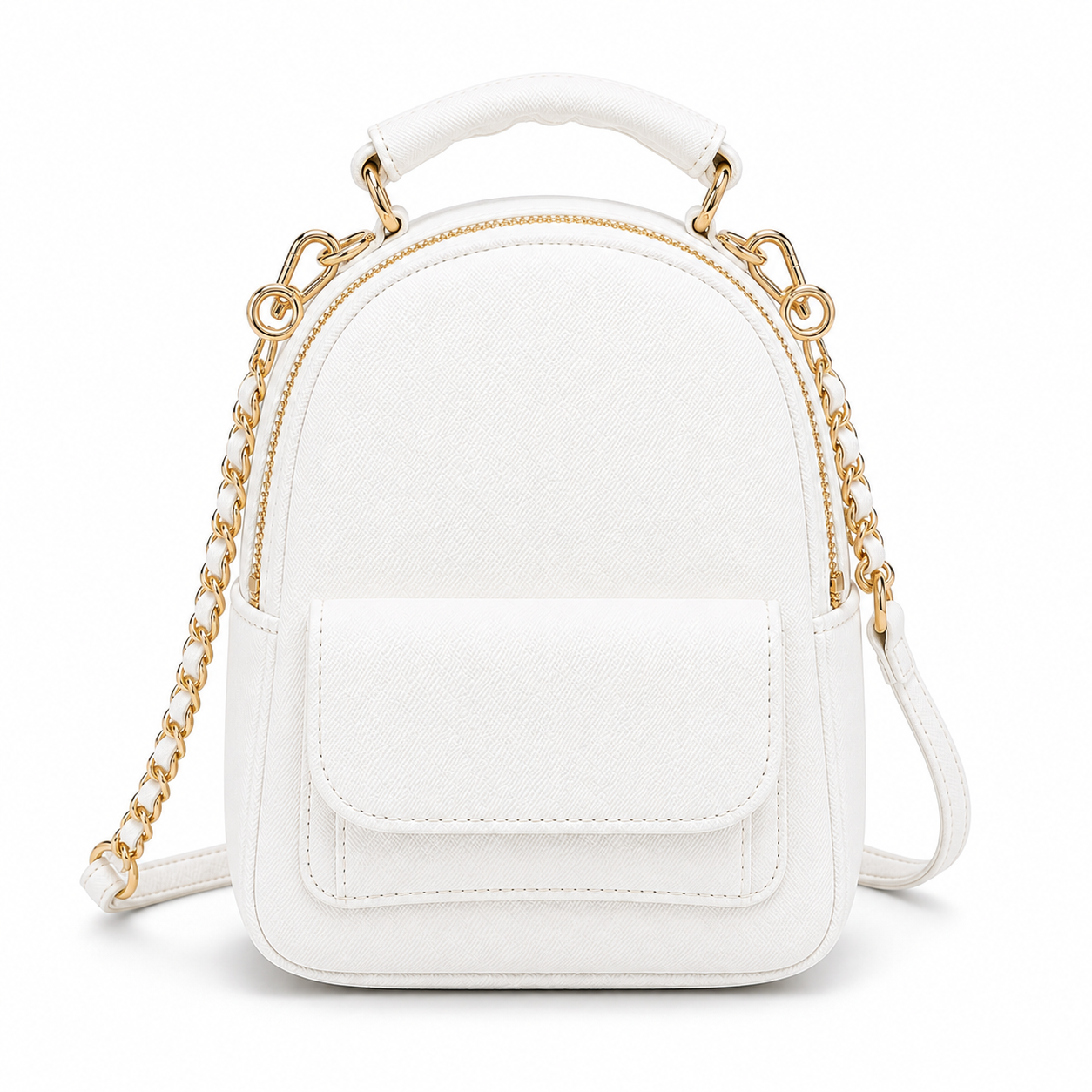 White Textured Mini Backpack Handbag with Gold Chain Detail-1