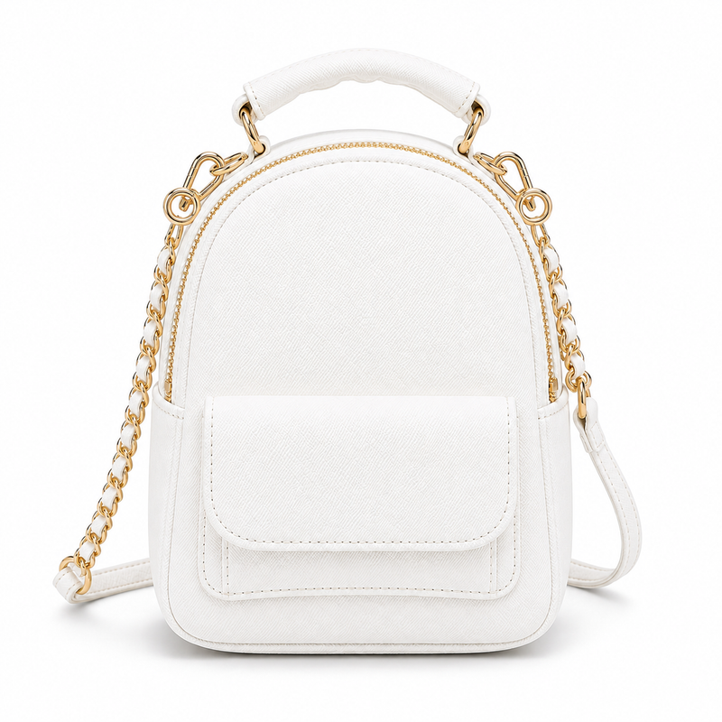 White Textured Mini Backpack Handbag with Gold Chain Detail-1