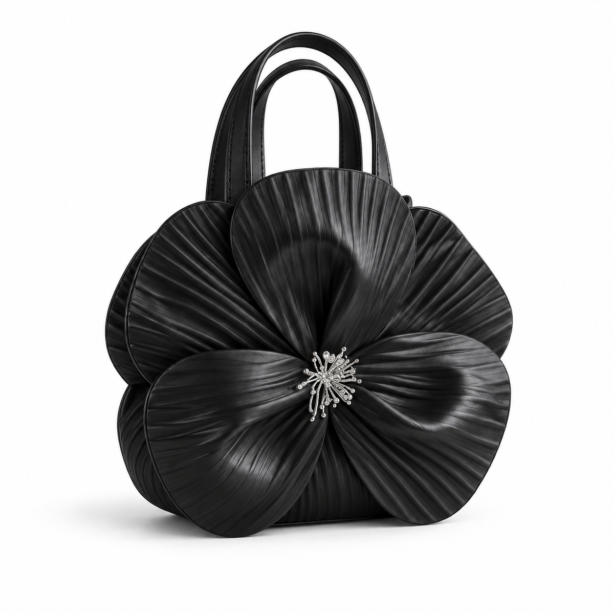Elegant Black Pleated Flower Handle Clutch-1
