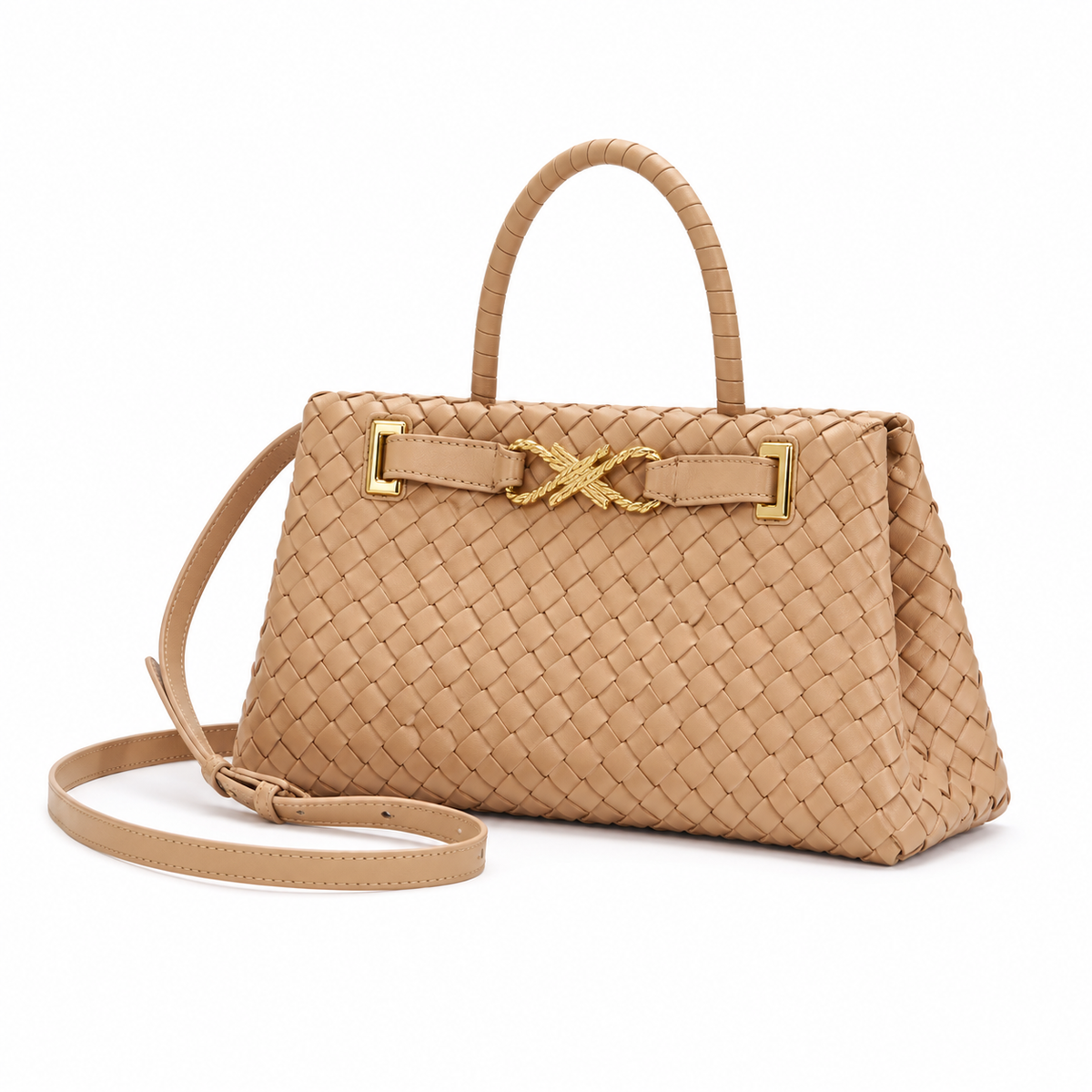 Elegant Camel Woven Top Handle Handbag-3