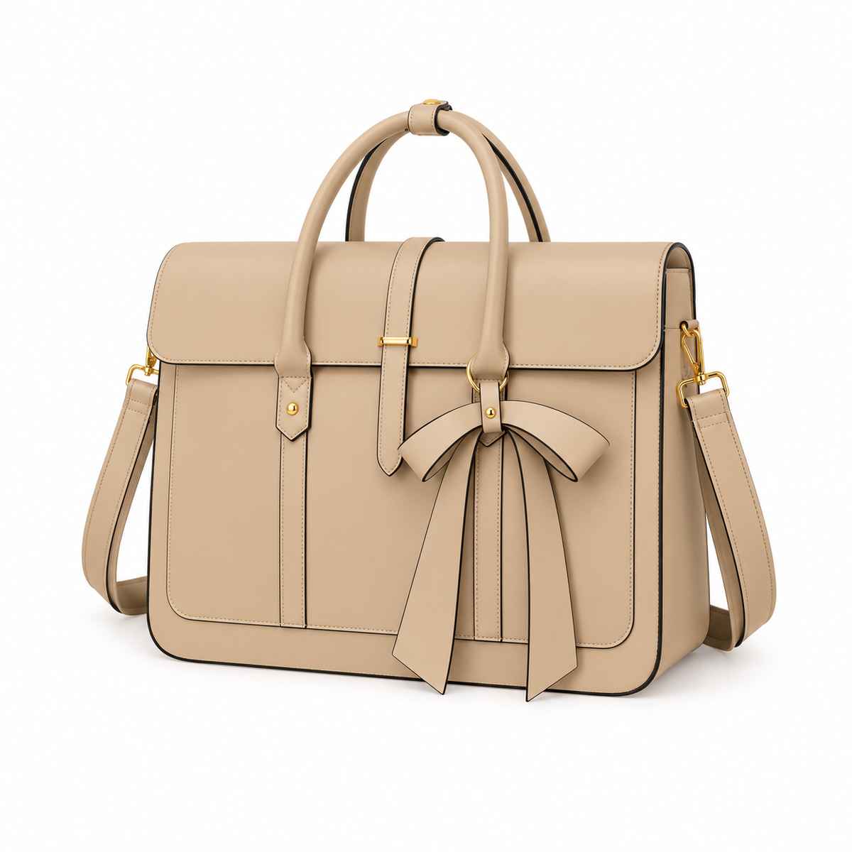 Beige Leather Laptop Bag With Bow-3