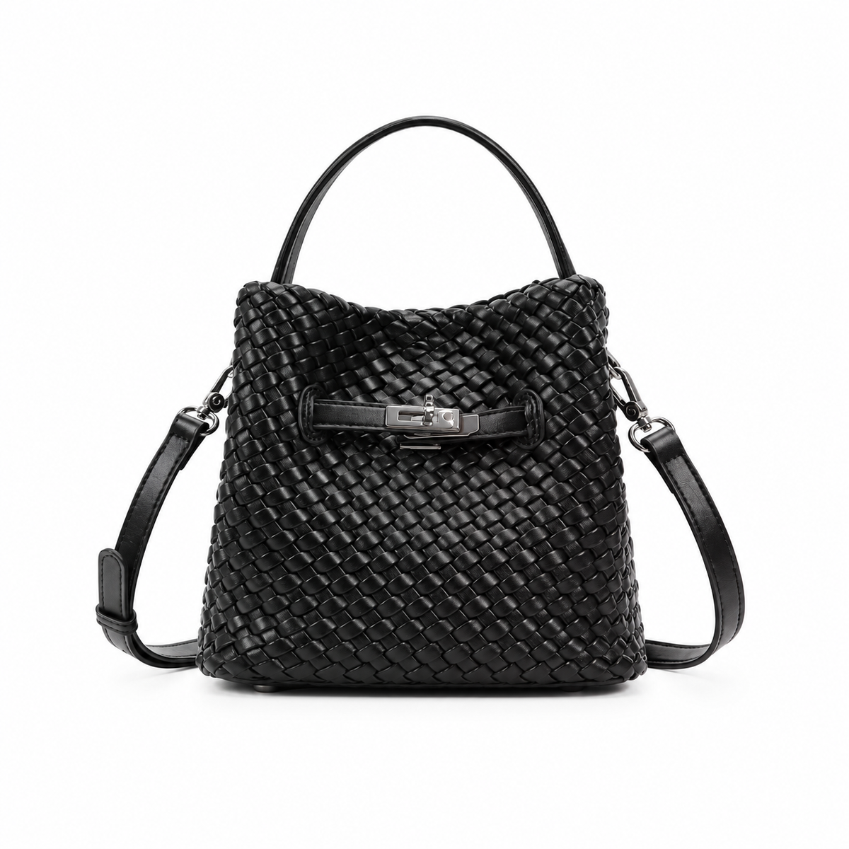 Elegant Black Woven Bucket Shoulder Bag-4