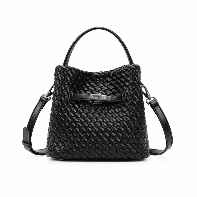 Elegant Black Woven Bucket Shoulder Bag-4