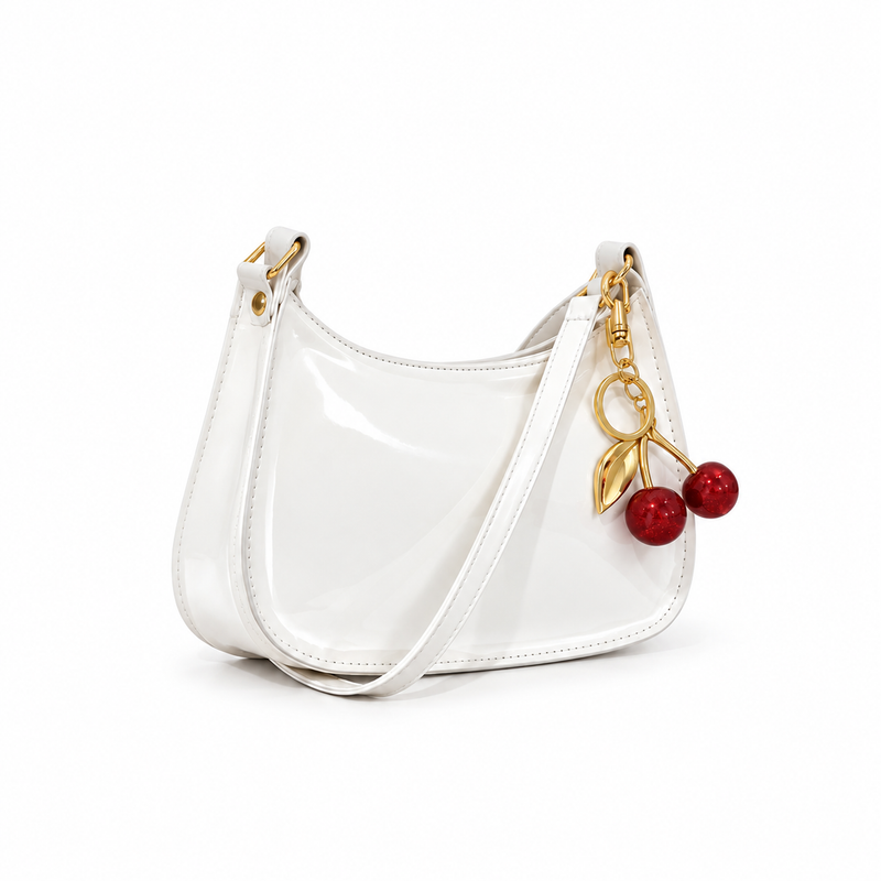 Glossy White Cherry Charm Shoulder Bag-1