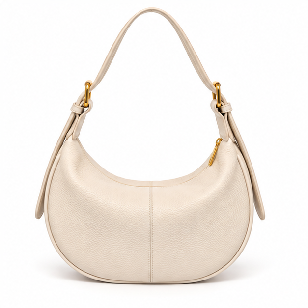 Beige Crescent Pebbled Leather Shoulder Bag-2