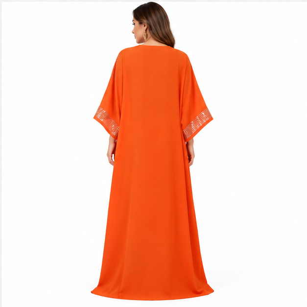 Orange Silver Embellished Flowing Women's Kaftan-4
