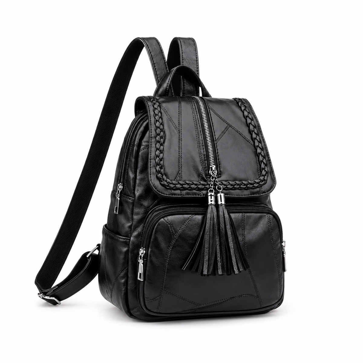 Black Braided Trim Tassel Fashion Backpack-1