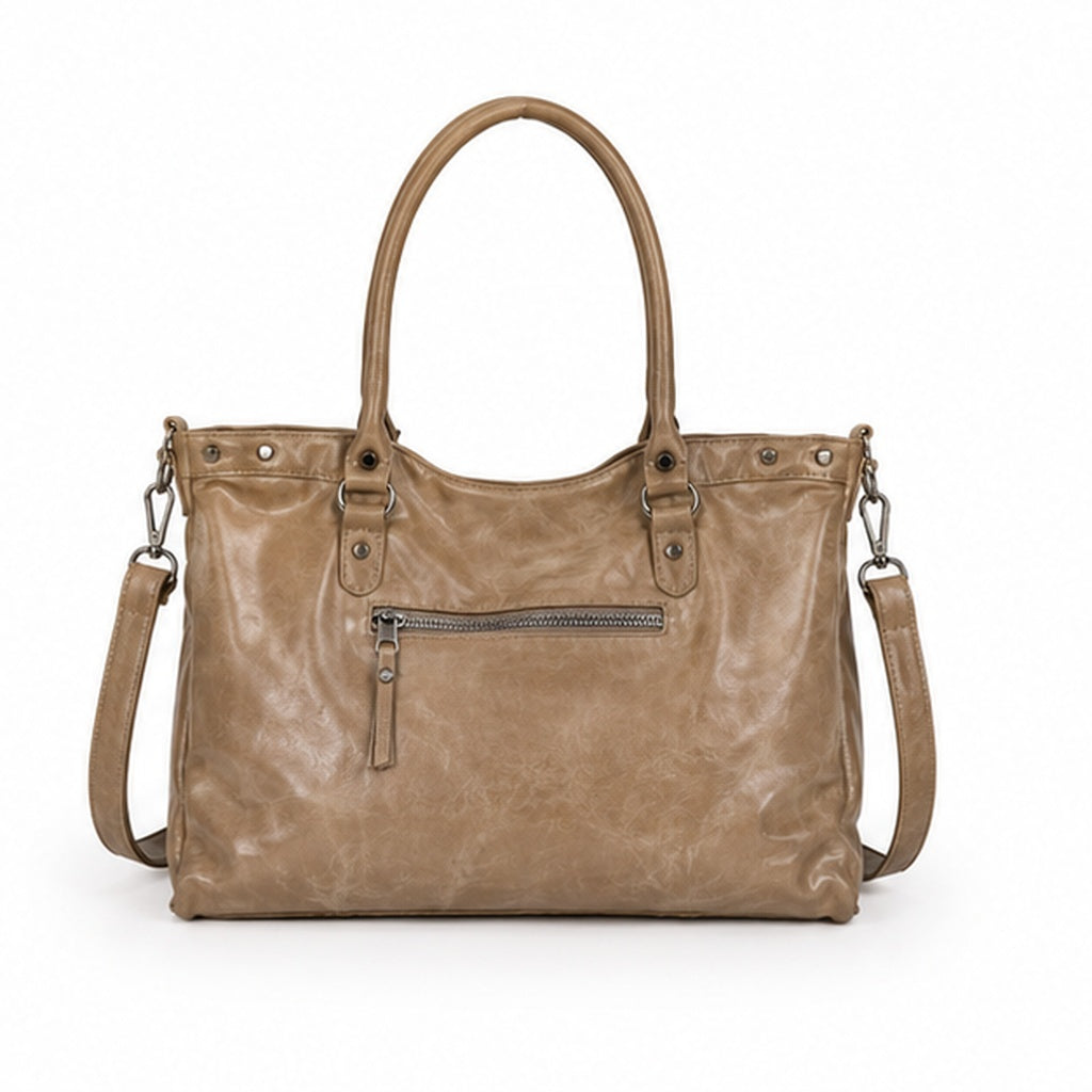 Vintage Tan Studded Leather-Style Shoulder Tote Bag