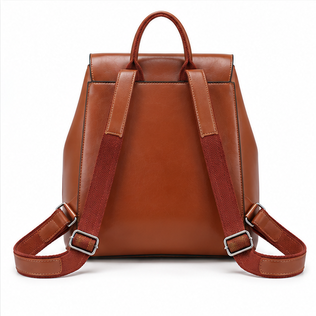 Cognac Brown Leather Flap Backpack Handbag-2