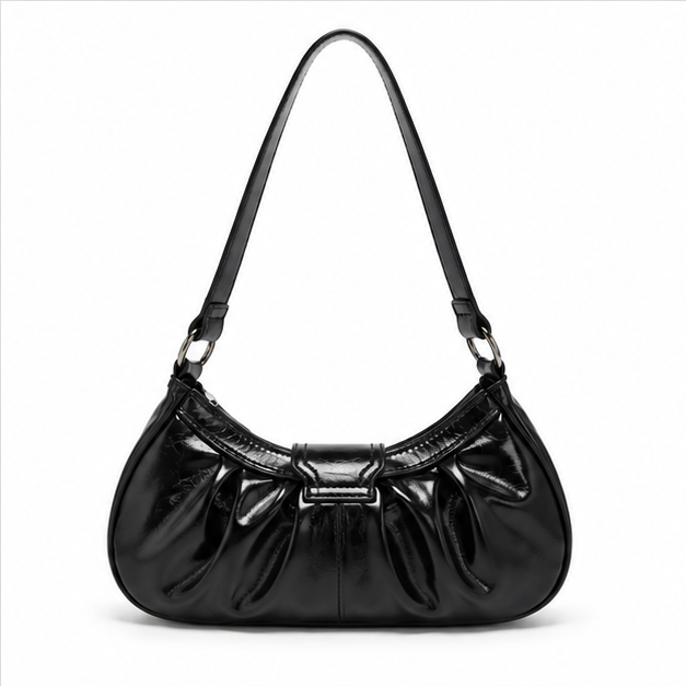 Glossy Black Buckle Shoulder Hobo Bag-2
