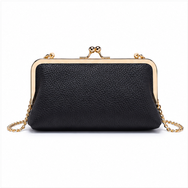 Black Pebbled Leather Kiss-Lock Chain Clutch Bag