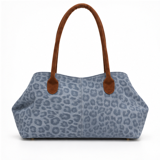 Blue Leopard Print Suede Trim Tote-2