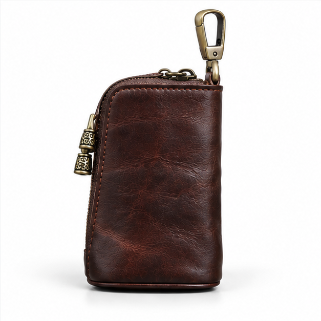 Vintage Coffee Leather Zipper Key Pouch-3