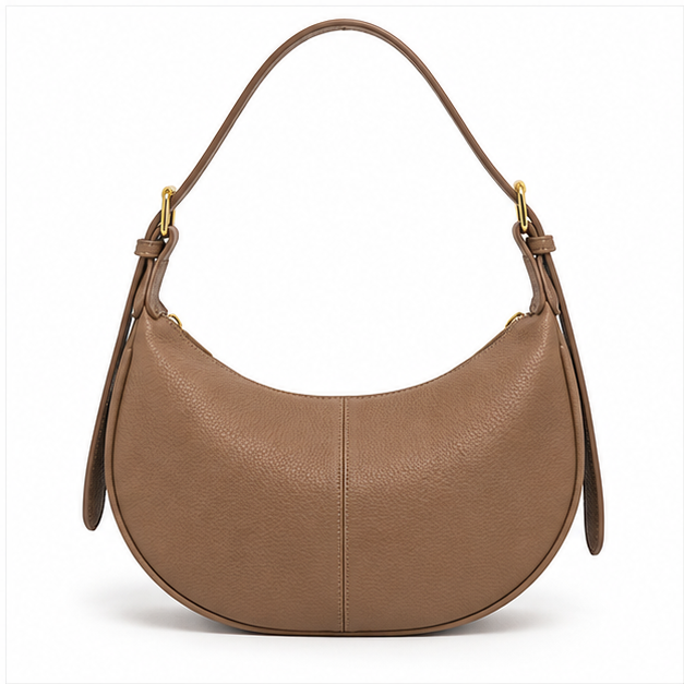 Taupe Crescent Pebbled Leather Shoulder Bag-2