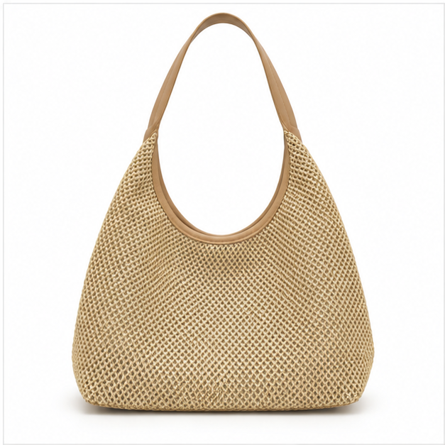 Khaki Woven Raffia Shoulder Hobo Bag-2