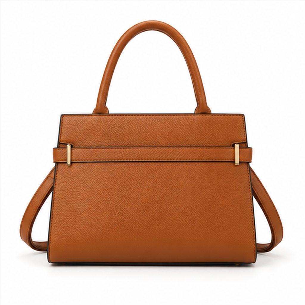 Cognac Structured Leather Top Handle Handbag-2