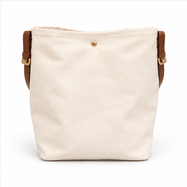 Ivory Canvas Tote With Brown Straps-2