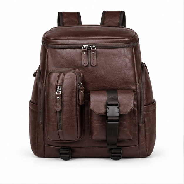 Vintage Brown Multi-Pocket Leather Backpack-4