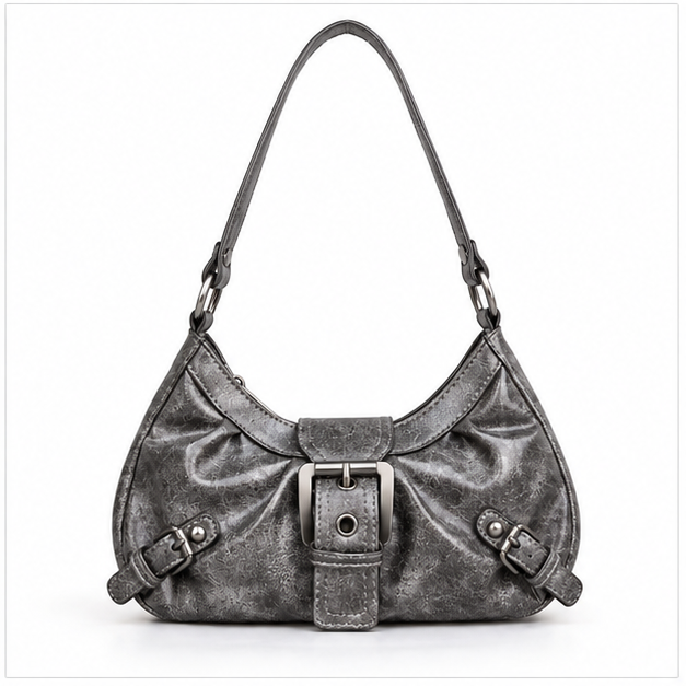 Metallic Grey Buckle Detail Shoulder Bag-4