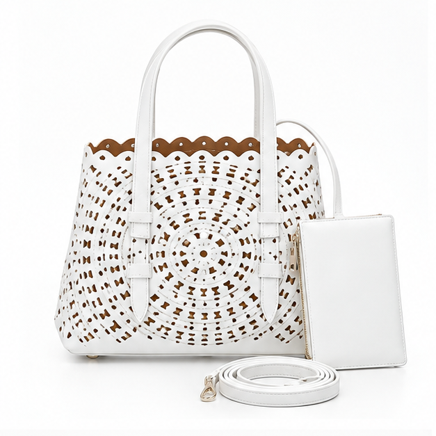 Elegant White Laser Cut Tote Handbag-4