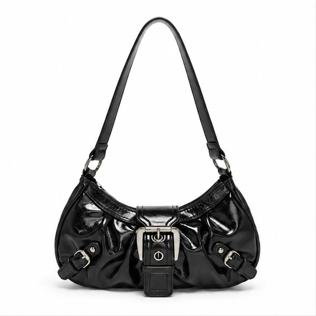 Glossy Black Buckle Shoulder Hobo Bag-4