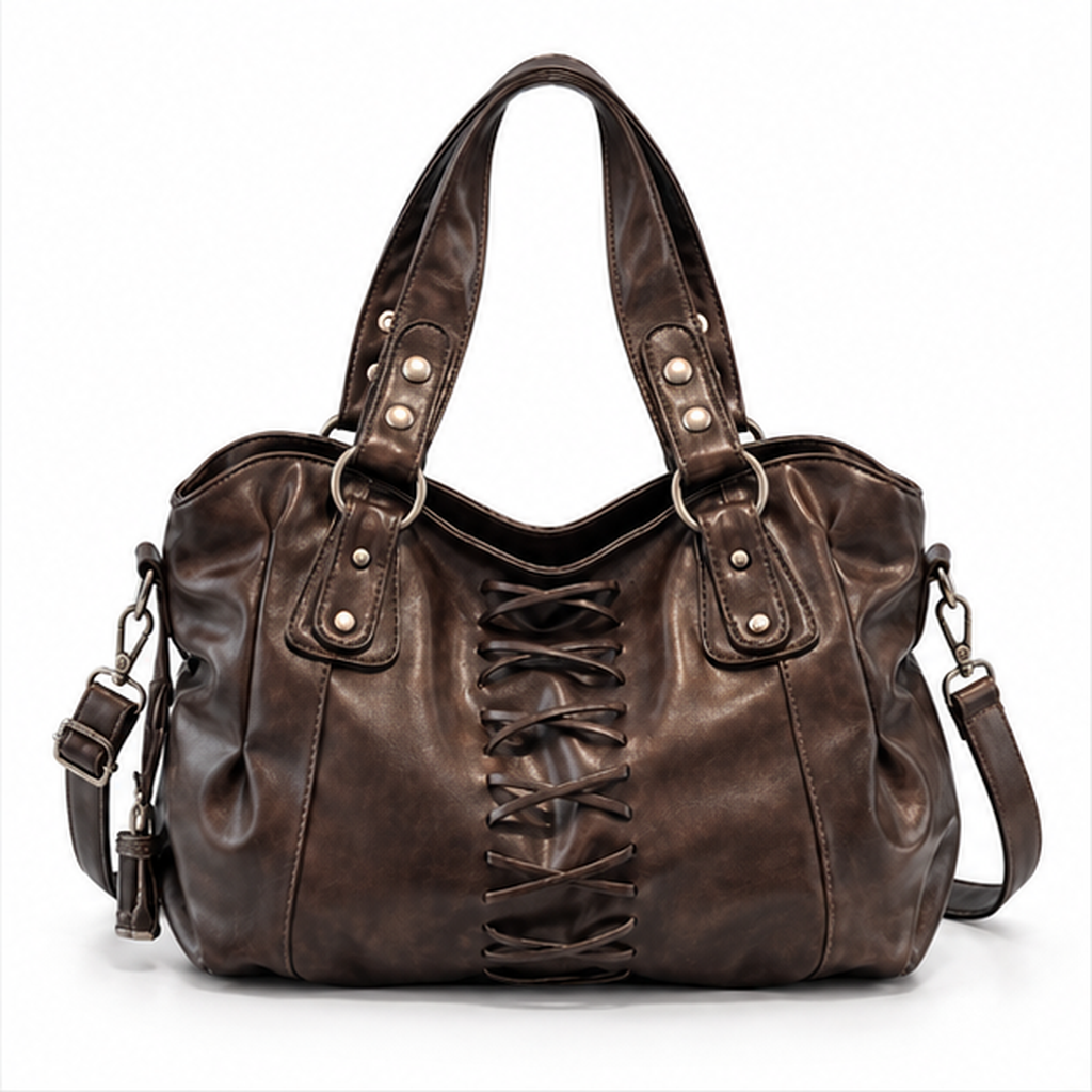Vintage Lace-Up Coffee Leather Shoulder Bag-4