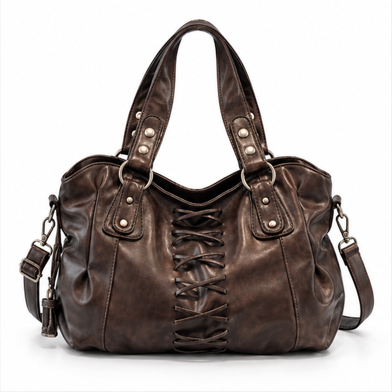 Vintage Lace-Up Coffee Leather Shoulder Bag-4