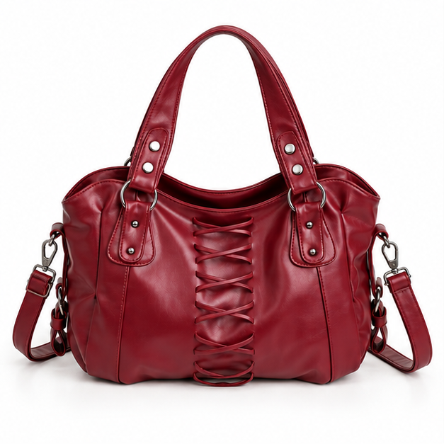 Burgundy Lace-Up Leather Shoulder Handbag-4