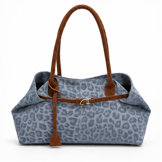 Blue Leopard Print Suede Trim Tote-4