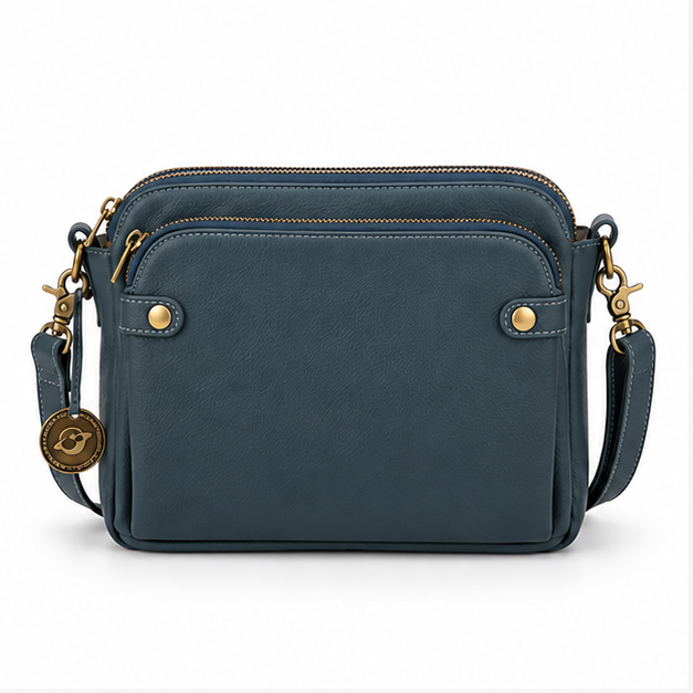 Teal Blue Multi-Zip Crossbody Shoulder Bag-4