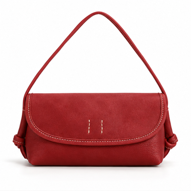 Red Stitched Leather Shoulder Crossbody Bag-4