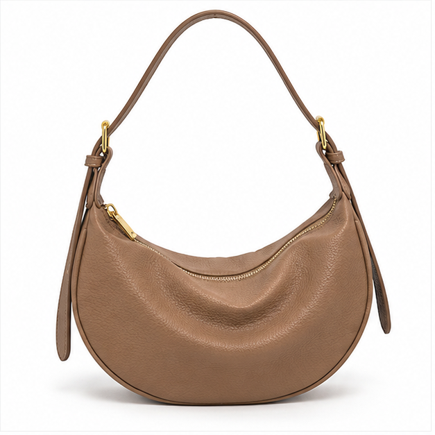 Taupe Crescent Pebbled Leather Shoulder Bag-4