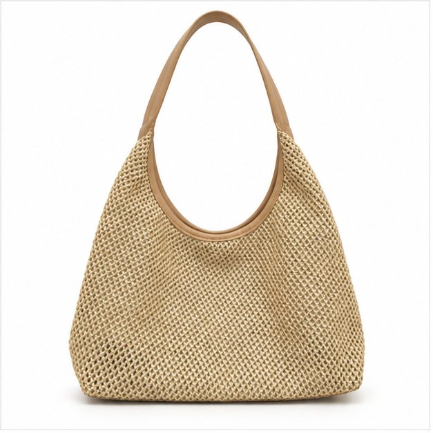 Khaki Woven Raffia Shoulder Hobo Bag-4