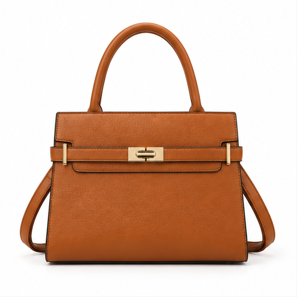 Cognac Structured Leather Top Handle Handbag-4