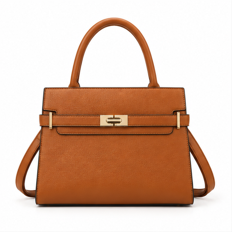Cognac Structured Leather Top Handle Handbag-4
