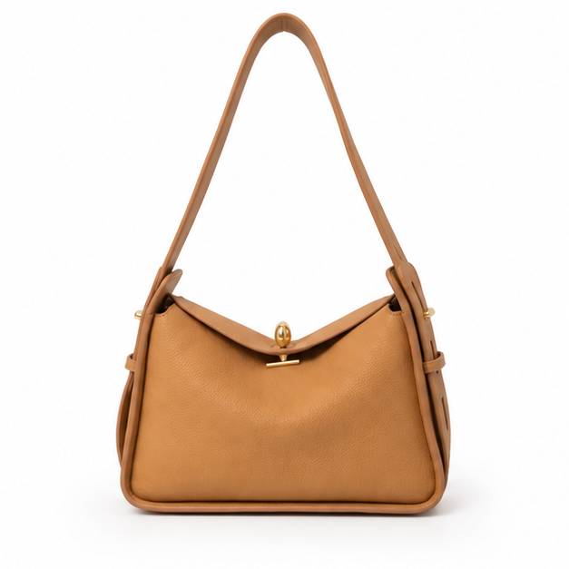 Camel Pebbled Leather Shoulder Handbag Purse-4