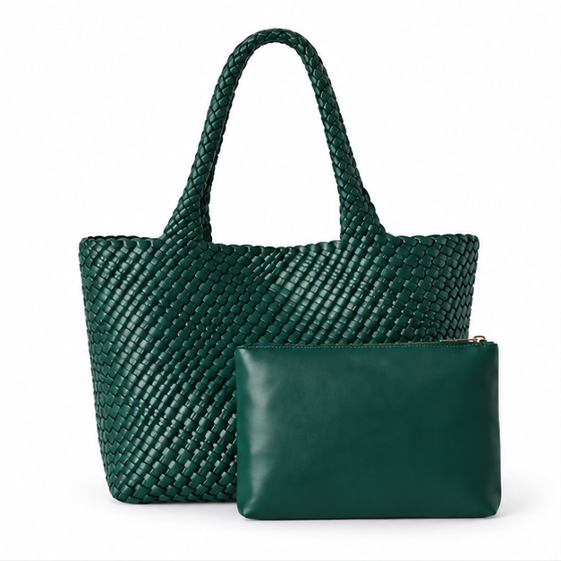 Emerald Woven Tote Bag With Pouch-4