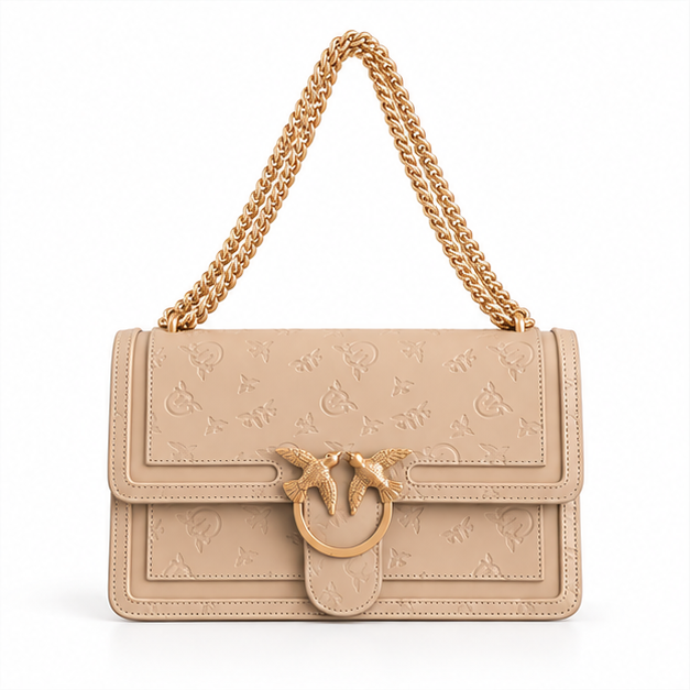 Khaki Embossed Gold Chain Shoulder Bag-4